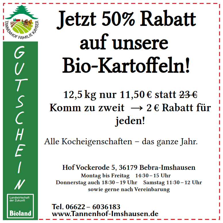 Anzeige 50% Rabatt auf unsere Bioland-Kartoffeln